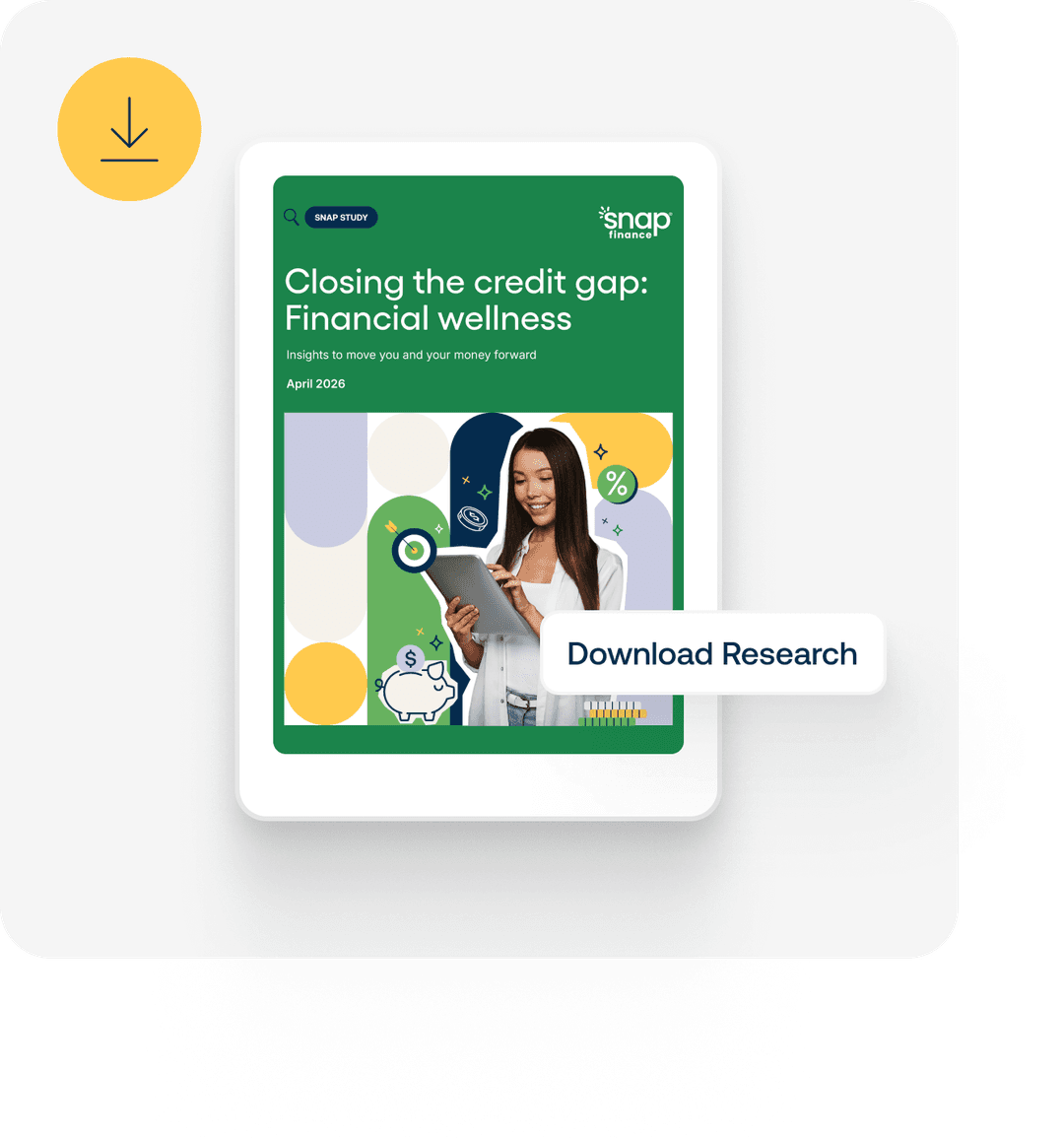 Tablet displaying a report on financial wellness titled "Closing the Credit Gap," with a button labeled "Download Research."