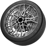 A high-performance car wheel with a black tire and intricate, silver alloy spokes, viewed from the side against a white background.