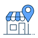 Illustration of a small shop with a striped awning, a window, a door, and a large blue location pin above it, symbolizing a mapped business location.