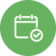 Calendar icon with a checkmark inside a green circle, symbolizing scheduling or event confirmation.