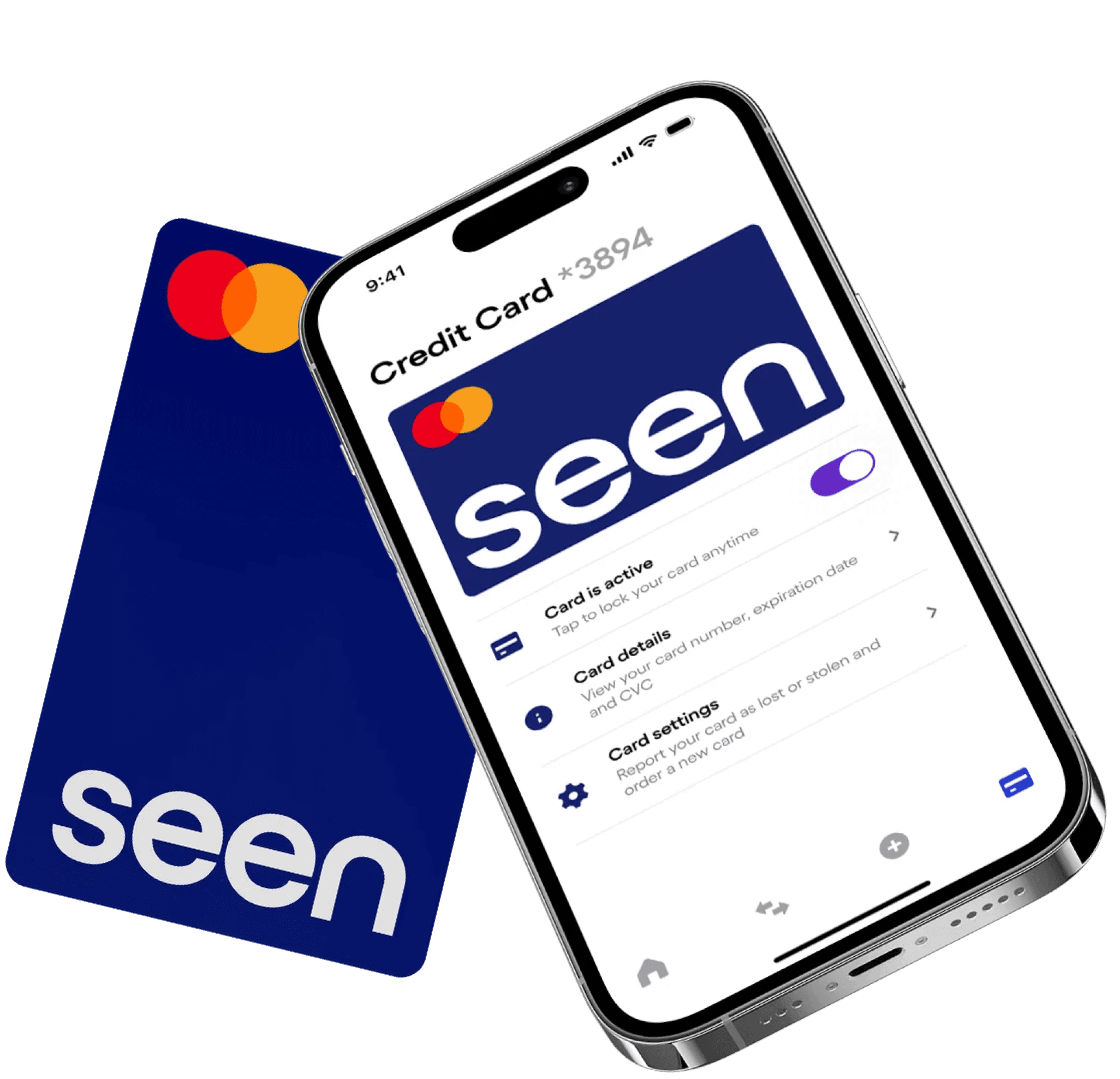 Phone displaying credit card management app with 'Seen' branding and a physical blue credit card in background