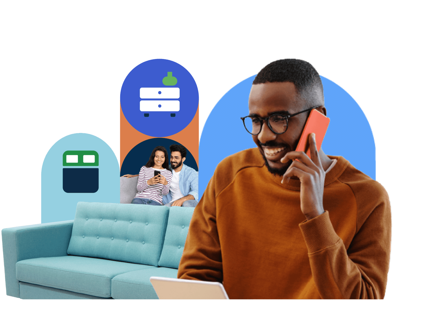 A man in a brown sweater is smiling and talking on a smartphone while holding a tablet. Behind him, a modern teal couch and images of a couple with different technology icons are visible against a blue and gray background.