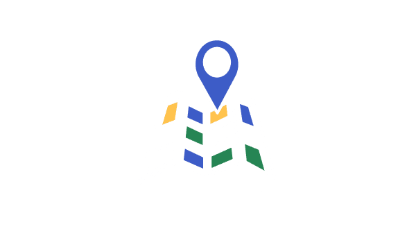A stylized map with a prominent blue location pin icon. The map features simple, colorful shapes in blue, green, and yellow, arranged to represent streets or regions. The background is black.