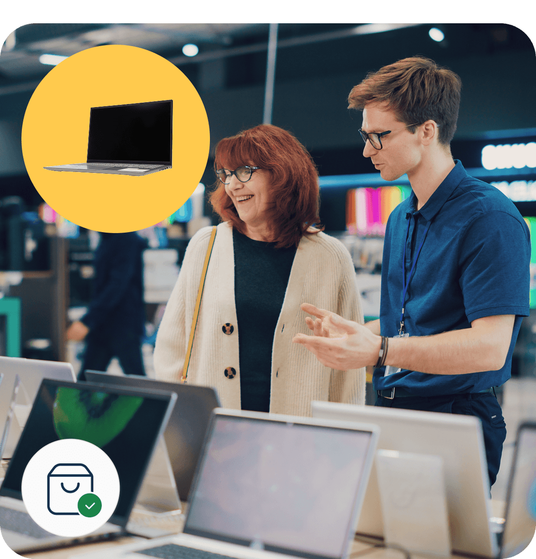 A store employee assists a woman shopping for laptops. A yellow circle with a laptop icon and a shopping bag icon overlay the image.