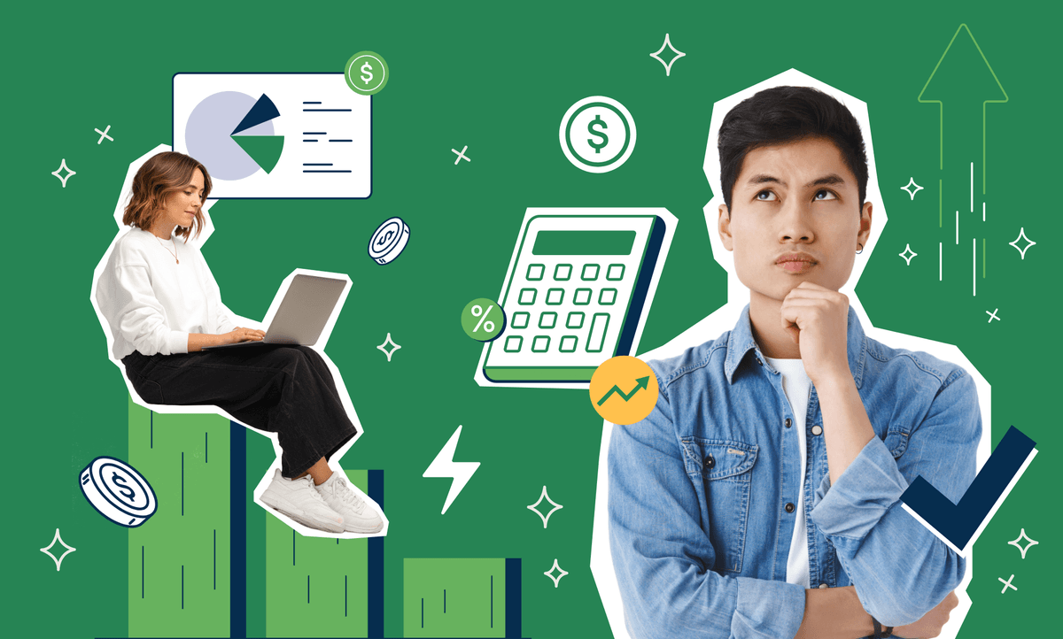 A thoughtful person stands beside financial icons, charts, and a person using a laptop, symbolizing investment and data analysis.