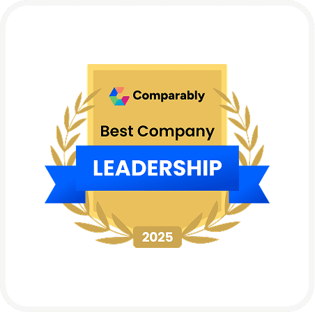 Gold badge with a laurel wreath and a blue ribbon reading "Leadership." Text: "Comparably Best Company 2025."