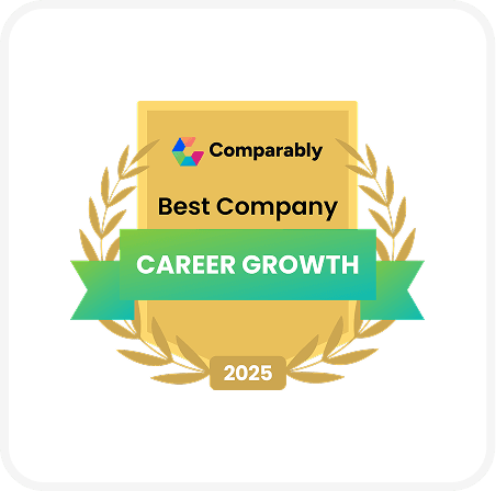 Gold badge with a laurel wreath, labeled "Comparably Best Company Career Growth 2025," featuring a green ribbon.