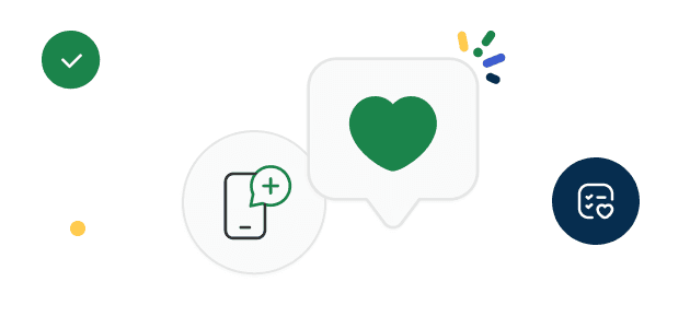 Icons of a green check mark, mobile phone with a plus, heart inside speech bubble, and face with heart. Colorful accents surround them.