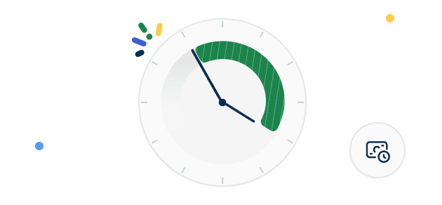 Clock with green progress arc, pointing to 10:10. Colored dots and a small icon are nearby, suggesting motion or an alert.