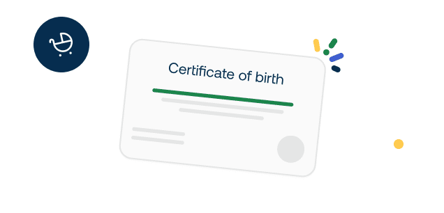 Illustration of a birth certificate with a pram icon and colorful accents, symbolizing birth and registration.