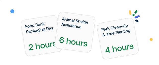Three volunteer activities: Food Bank Packaging (2 hrs), Animal Shelter Assistance (6 hrs), Park Clean-Up & Tree Planting (4 hrs).